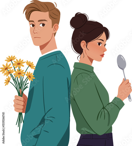 Young couple standing back to back with flowers and spoon in hands relationship conflict vector illustration