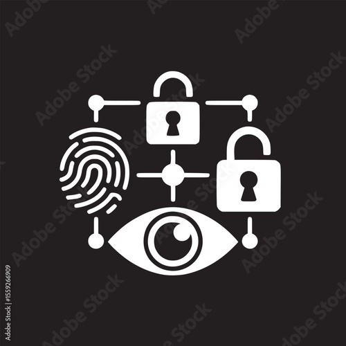 Illustration of a fingerprint, two padlocks, and an eye connected by lines on a black background