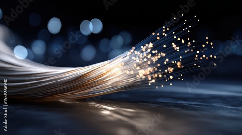 Close-up of illuminated fiber optic cables on a dark background