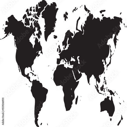 A stark black and white world map illustration showcasing continents against a plain background