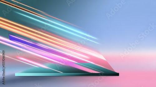 Abstract geometric light beams in motion with pastel gradient background