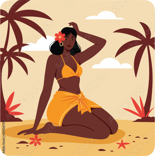 Woman in orange bikini sitting on tropical beach with palm trees and flowers summer vacation vector illustration