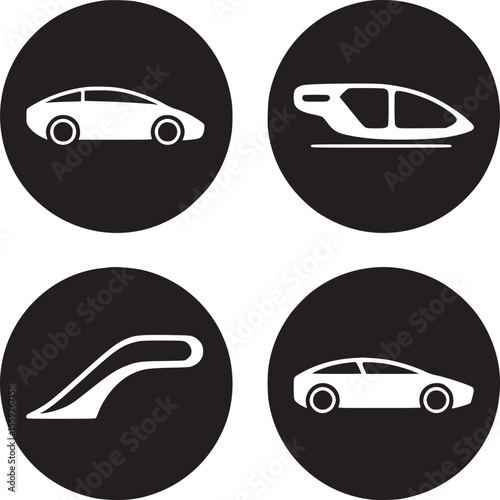 Four black circles displaying white icons of a car, a pod, and an abstract futuristic design