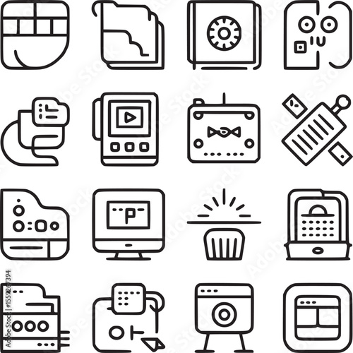 A collection of sixteen black and white line art icons arranged in a four by four grid pattern