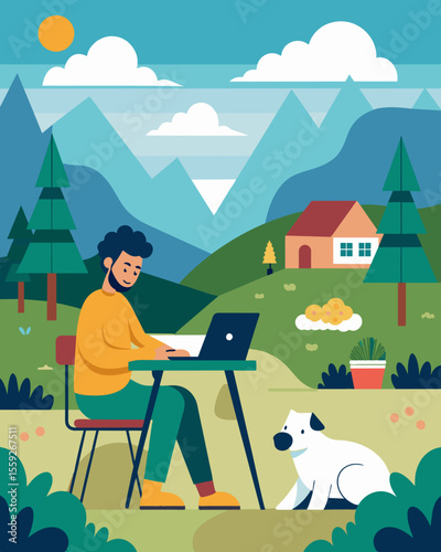 The digital nomad sits at their outdoor desk surrounded by the sounds of nature and the occasional baaing of sheep on their countryside estate.. Vector illustration