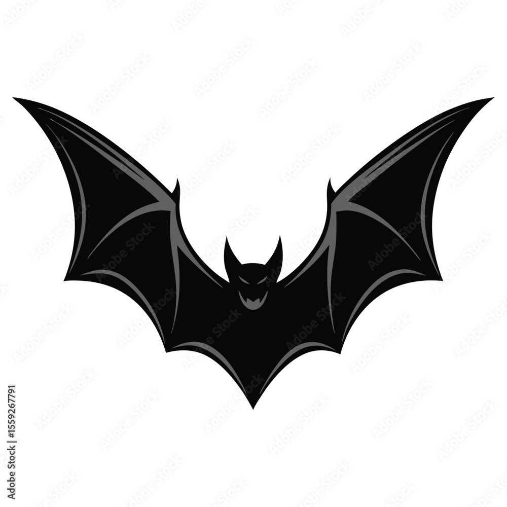 A cute cartoon black bat illustration, a symbol of Halloween, with wings spread in a funny, flying silhouette, perfect for vector art design