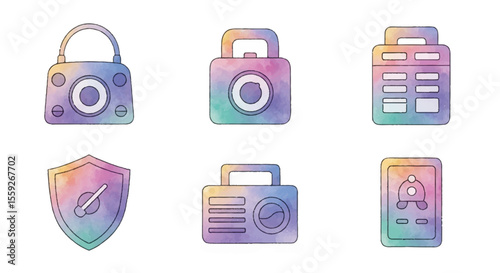 Watercolor icon set of media and safety symbols