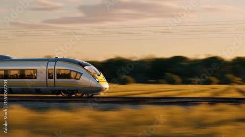 High-speed train traveling at sunset through countryside