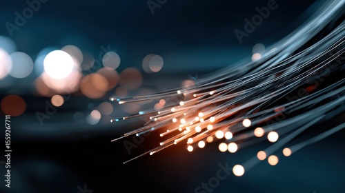 Glowing fiber optic cables in dark abstract background