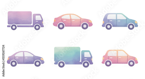 Colorful watercolor vehicles including cars and trucks in soft style  