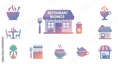 Restaurant business icon set in watercolor style