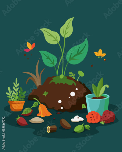A collection of discarded plant ts kitchen leftovers and organic matter slowly decomposing into a dark crumbly soil amendment.. Vector illustration