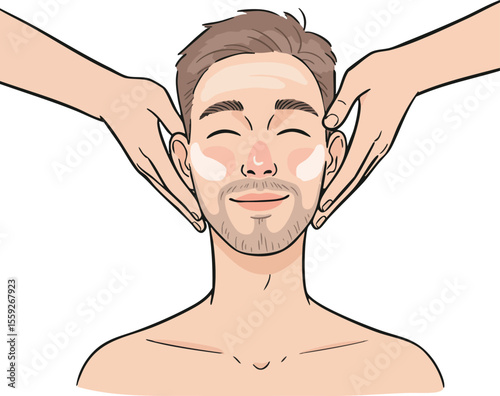 Man receiving relaxing face massage with closed eyes and calm expression vector illustration
