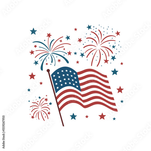 Independence Day greeting card with brush stroke background in United States national flag colors and hand lettering text Happy 4th of July. 