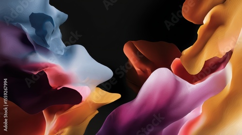 Abstract fluid forms of colorful fabric-like waves in motion against dark background
