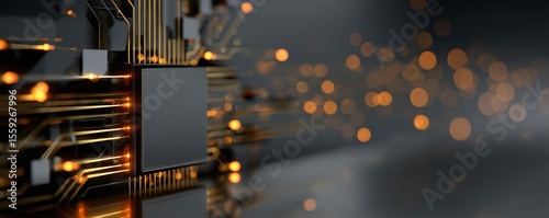 Close-up of abstract circuit board with glowing lights and complex patterns