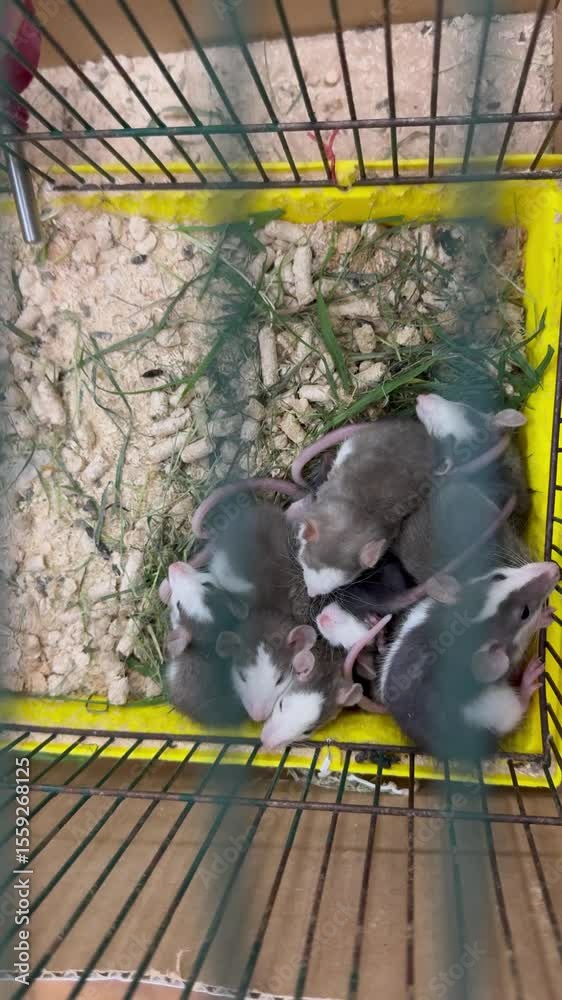 pet mice in a cage, offspring of rats in a cage, little baby mice with long tails in a cage, pets, offspring of pet rats, love of pets, happy family, team group of little rats