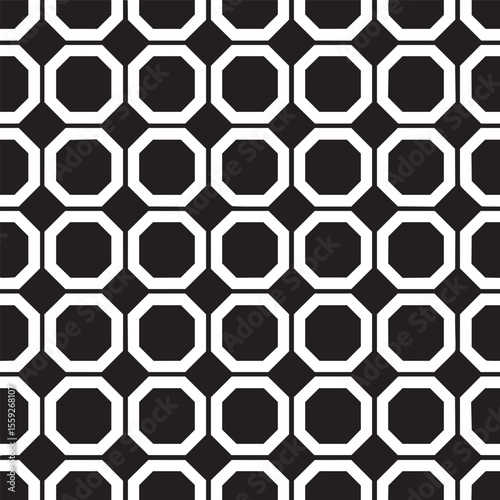 A seamless pattern of white octagons surrounding black squares on a black background repeating texture