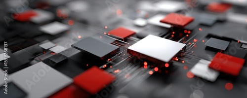 Abstract geometric background with red and gray squares and glowing circuitry
