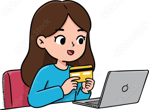 Young woman online shopping with credit card and laptop at home digital payment concept vector illustration