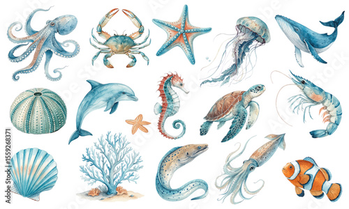 Watercolor Vector Set of Sea Animals and Ocean Creatures Clipart Collection