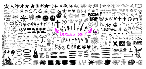 Doodle, sketch and scribble elements graphic box. Drawn mini sketches, drawings and various strokes, underlines and other scribbles. Sketches, doodles drawn with chalk, marker, pencil, crayons. Vector