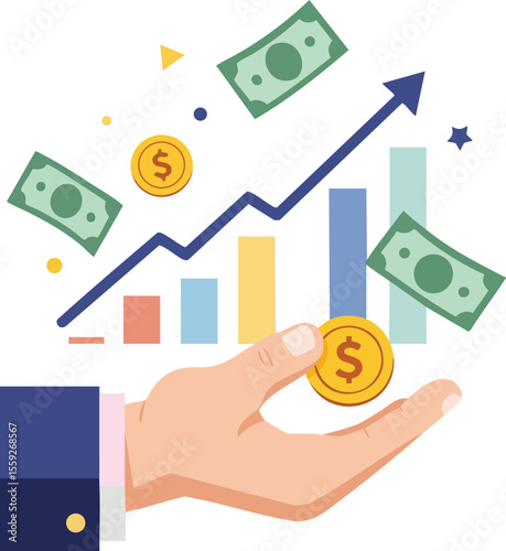 Financial growth concept with hand holding money and rising chart arrow symbolizing business success and income increase