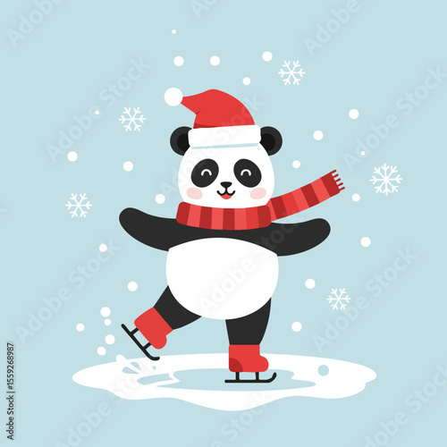 Panda wearing santa hat and red scarf ice skating on frozen pond with snowflakes falling winter holiday vector illustration