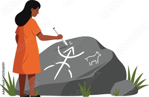 Woman painting prehistoric rock art with animal and human figures in orange dress vector illustration