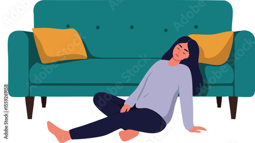 Woman sitting relaxed on floor next to teal sofa with yellow pillows calm indoor leisure scene vector illustration