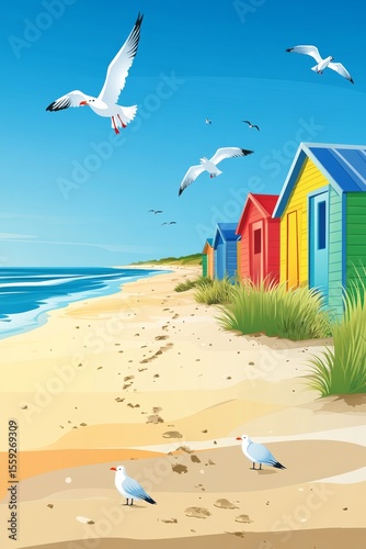 A poster illustration highlights the beach huts of Deauville, which are lined up along the sandy shores of Deauville, Normandy, in a colorful display