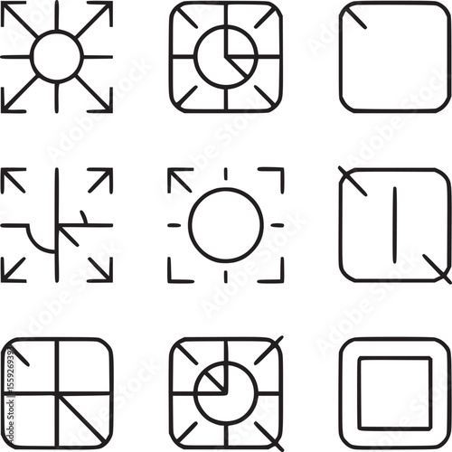 A grid of nine colorful icons featuring geometric shapes and directional arrows on a light background