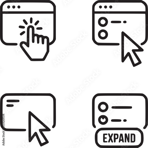 Four web interface icons showing hand clicking, cursor selecting, and expand button in black outline