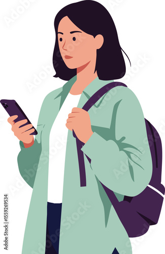 Young woman student holding smartphone and backpack casual outfit vector illustration