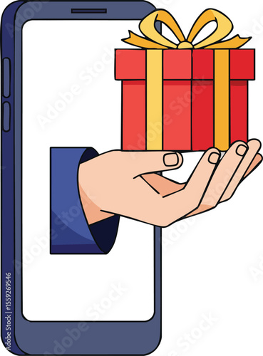 Hand holding red gift box with golden ribbon coming out of smartphone screen vector illustration for online shopping and delivery concept