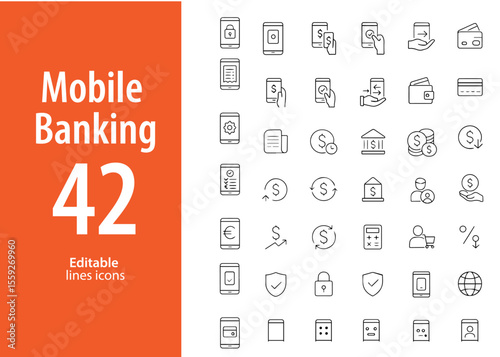Mobile Banking Line Icons, Online Payment, Balance, Transaction History, Bank App, QR Code, Card, and More , Editable Formats: AI, EPS, JPG, PNG , Ideal for Both Digital and Print Use

