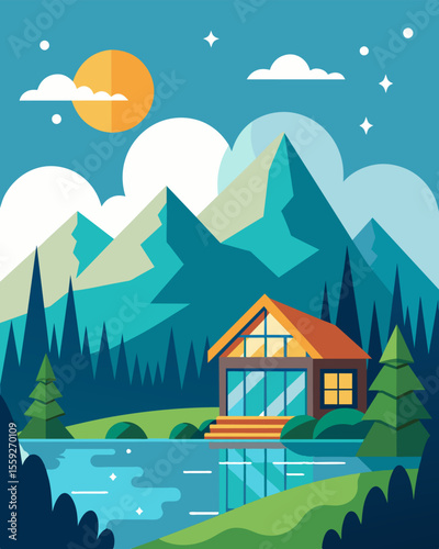 Bask in the ecoconsciousness of your vacation home as you take in the stunning views of the rolling hills and sparkling lake.. Vector illustration