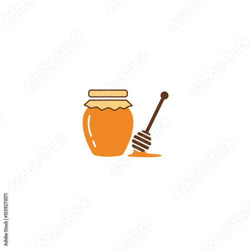 Honey jar with wooden dipper vector illustration. Natural sweetener and dessert, beekeeping concept. Organic products