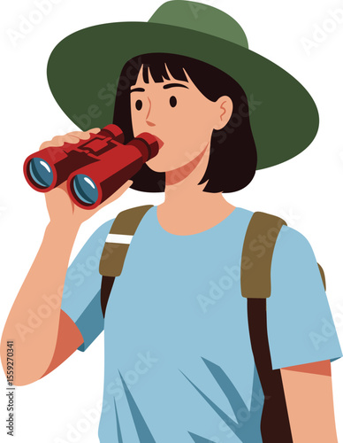 Woman looking through binoculars wearing green hat and blue shirt with backpack outdoor exploration vector illustration