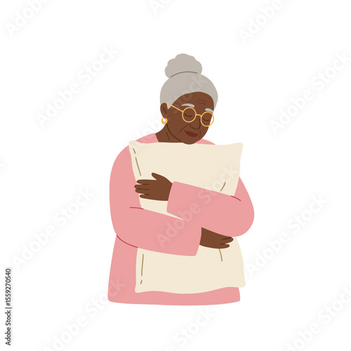 Elderly african-american woman hugging pillow, vector illustration. Cozy home concept. Loneliness and sad feelings, nostalgia, emotions of senior people
