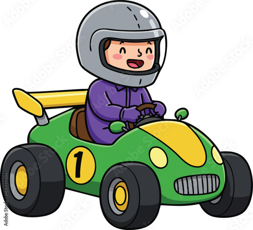 Child driving green yellow go kart with helmet safety gear vector cartoon illustration