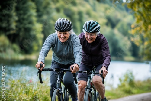 A senior couple rides bicycles side by side along a picturesque lakeside trail. They wear helmets and smile joyfully, showcasing their active lifestyle and love for outdoor activities