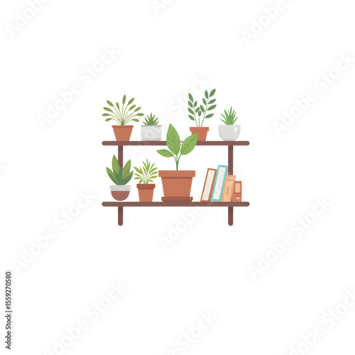 Indoor plant shelf with colorful pots and books in modern style  