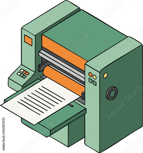 Isometric printing machine with paper sheet technology equipment for industry and office use vector illustration