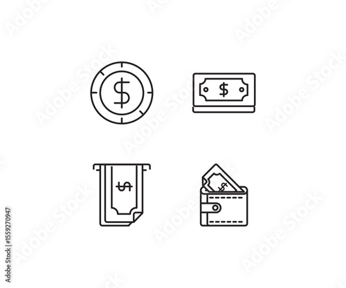 A modern set of money line icons featuring a dollar coin, banknote, ATM cash withdrawal, and a wallet with cash. Suitable for financial apps, banking systems, money management tools, and digital walle
