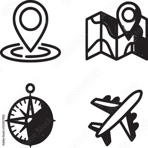 A collection of travel icons including a map location pin compass and airplane on a white background