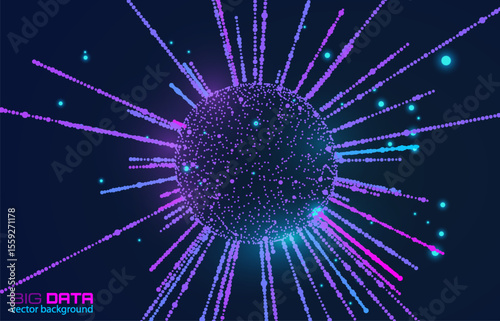 Futuristic abstract background with glowing 3D particles sorting and forming giant sphere on a blue backdrop with copy space for your text. For technology, AI data science concept. Vector background