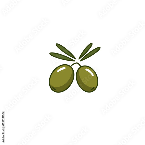 Two green olives with leaves, vector illustration. Vegan and vegetarian food, olive oil, salads. Harvest season and healthy diet concept