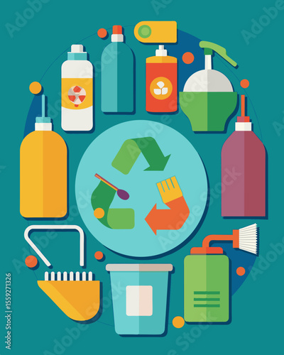 A montage of images showing various household items such as a toothbrush soap dispenser and shampoo bottle being disassembled and separated for proper recycling.. Vector illustration