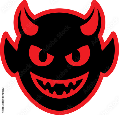 Black devil face with red horns and glowing eyes demon
